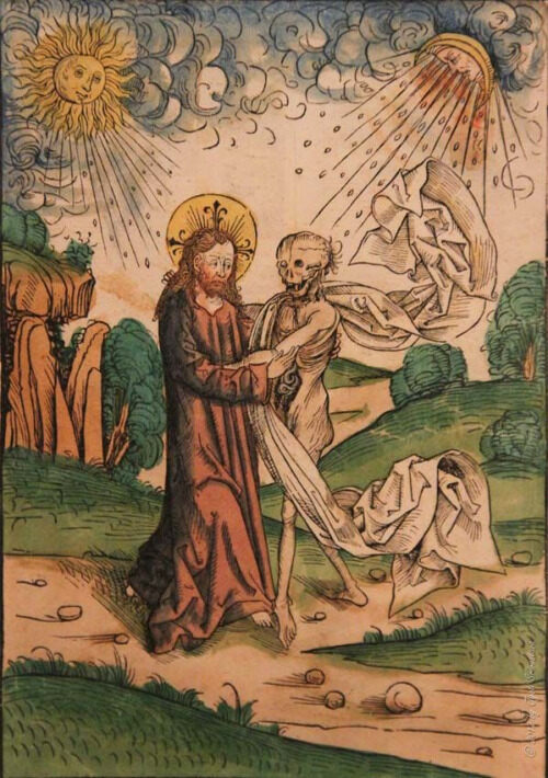 Christ embracing Death. Artist: Michael Wolgemut. Place of origin: Nuremberg, Germany. Date: 1491 AD. Medium: hand‑colored woodcut on paper; from the devotional incunable Schatzbehalter der wahren Reichtümer des Heils.

A haloed Christ meets a skeleton on a winding country path