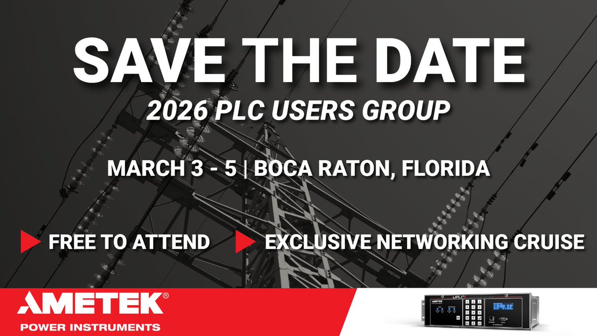 SAVE THE DATE for the 2026 PLC Users Group! Join us 3/3 - 3/5 in Boca Raton, FL for three days of hands-on learning and expert instruction. ☀️😎 Learn more: www3.ametekpower.com/2026-PLC-Users…
