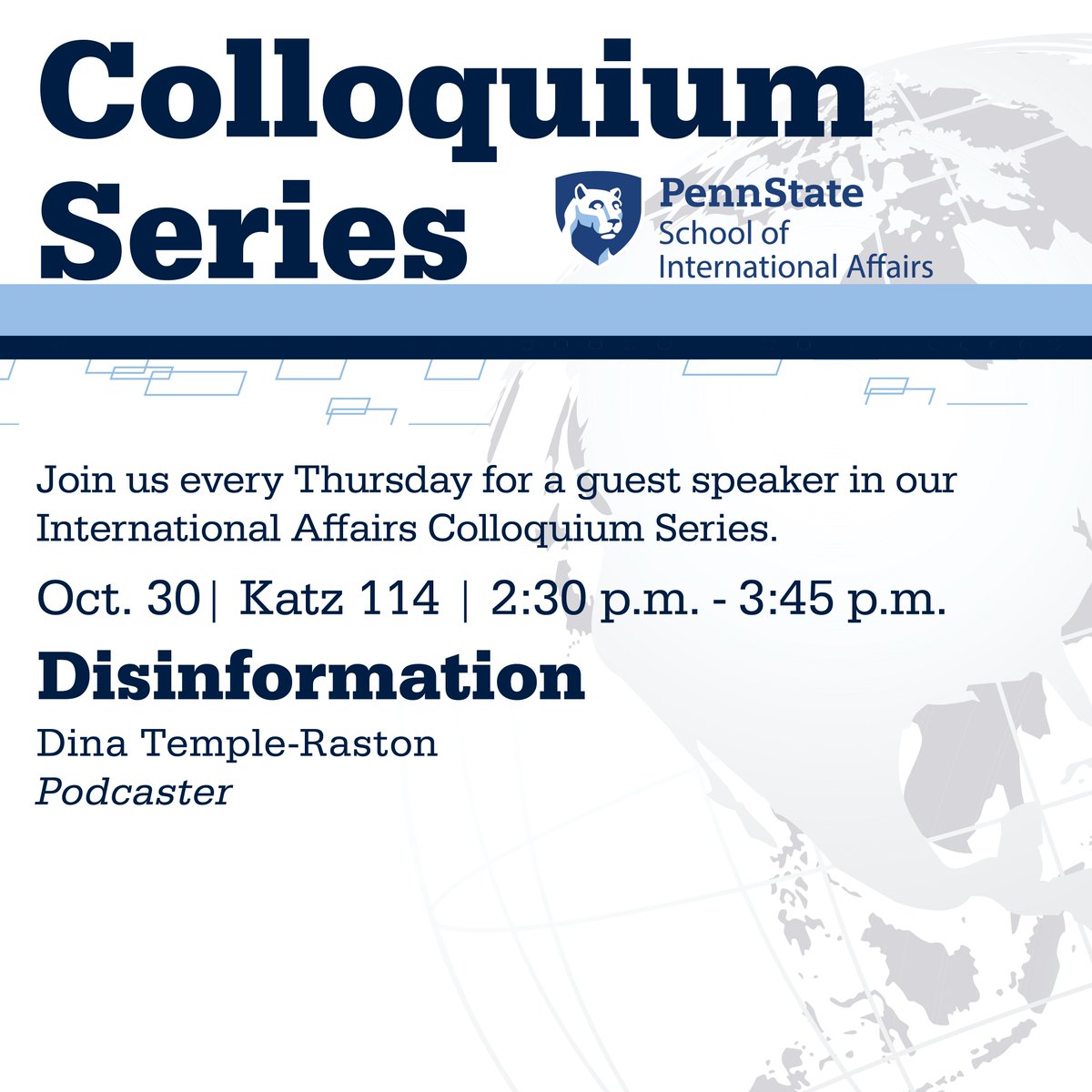 Coming up in the #PennStateSIA Colloquium series is podcaster Dina Temple-Raston, who will be discussing 'Disinformation.' Looking forward to seeing all SIA students there! #WeAre #PennState