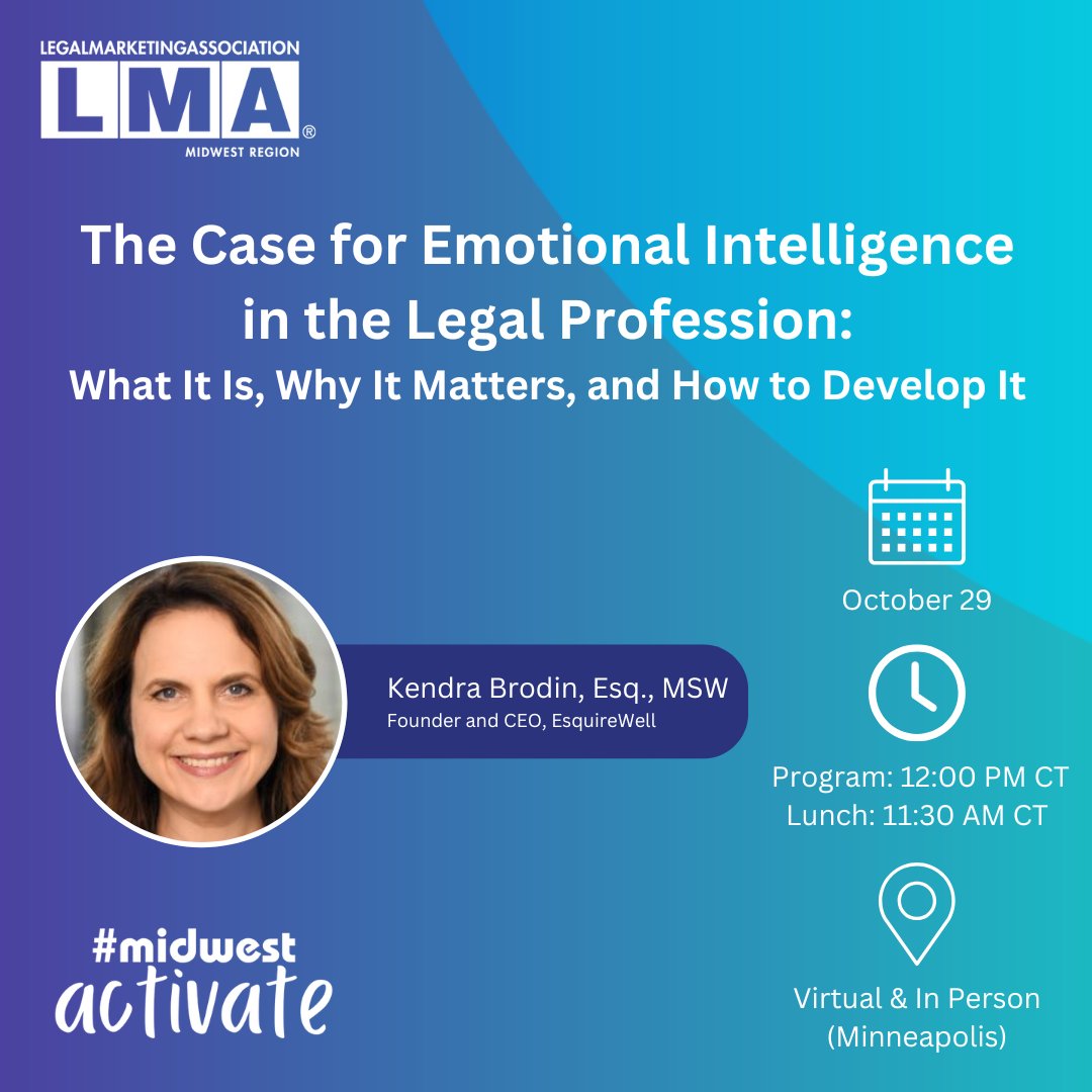 Join us 10/29 for "The Case for Emotional Intelligence in the Legal Profession." Learn how increasing emotional intelligence can help improve your practice, client relationships, interactions with colleagues and your health and well-being. Register here: ow.ly/UbFN50XaHyo