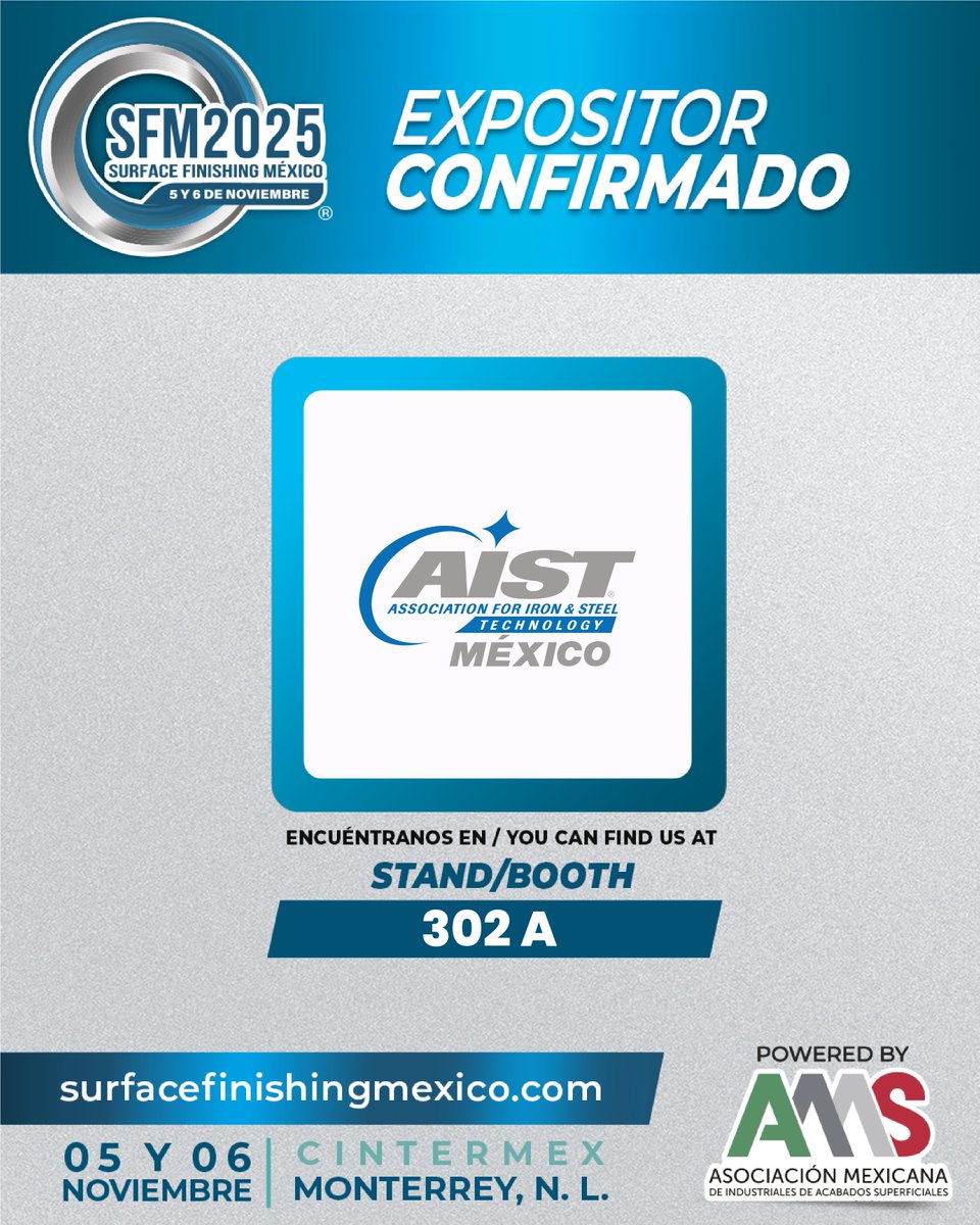 🌟 ¡Estaremos en la 8ª edición de Surface Finishing México! 💙

📍 Stand 302A | Cintermex, MTY
📅 5-6 nov 2025
👉 surfacefinishingmx.com/registro-regis…

#aistmx #SFM2025 #AMAS