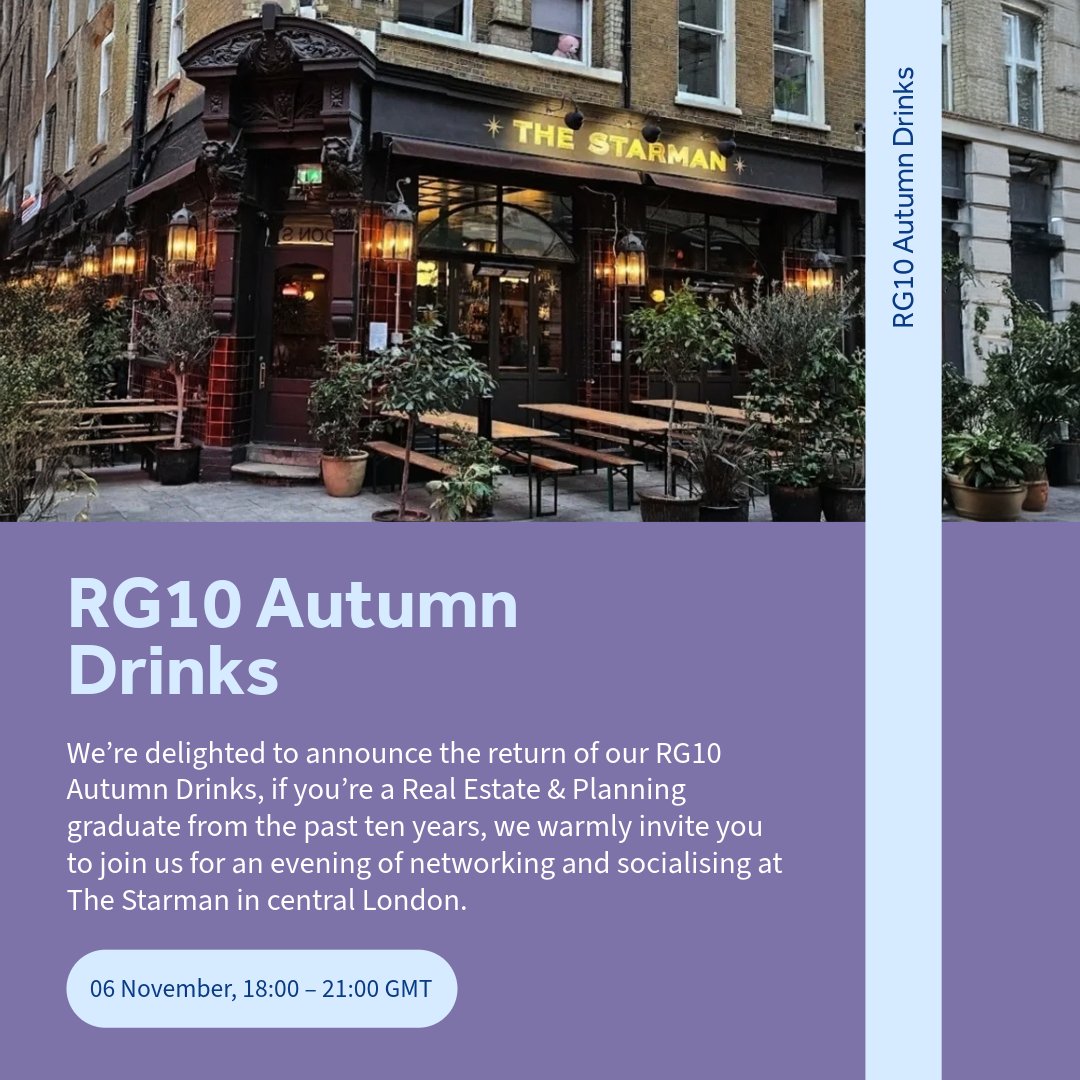 🙌We’re delighted to announce the return of our RG10 Autumn Drinks! Guests are welcome, so feel free to bring a colleague along to share in the evening.

👉Learn more: bit.ly/43mSfdU

#RREF #RREFCharity #Charity #ReadingRealEstateFoundation #RealEstate #Alumni