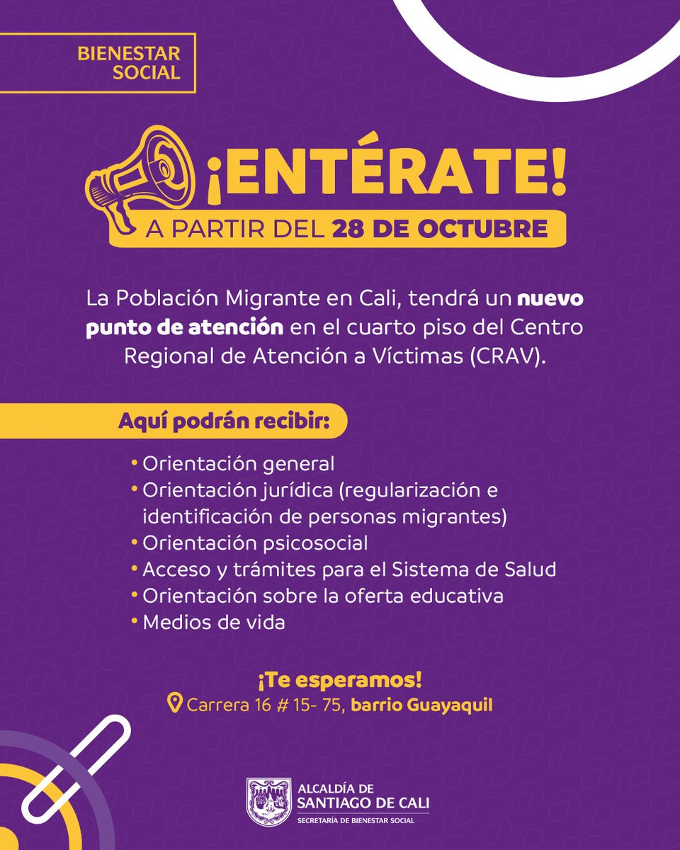 BienestarSociaI's tweet image. 🗓️ ¡A partir de hoy, la Población Migrante tiene un nuevo punto de atención en el Centro Regional de Atención a Víctimas! 📍
⏰ Te esperamos desde las 8:00 a.m. y hasta las 4:00 p.m. 
#AsíRecuperamosCali dándole atención a la población migrante. 🫱🏼🫲🏾