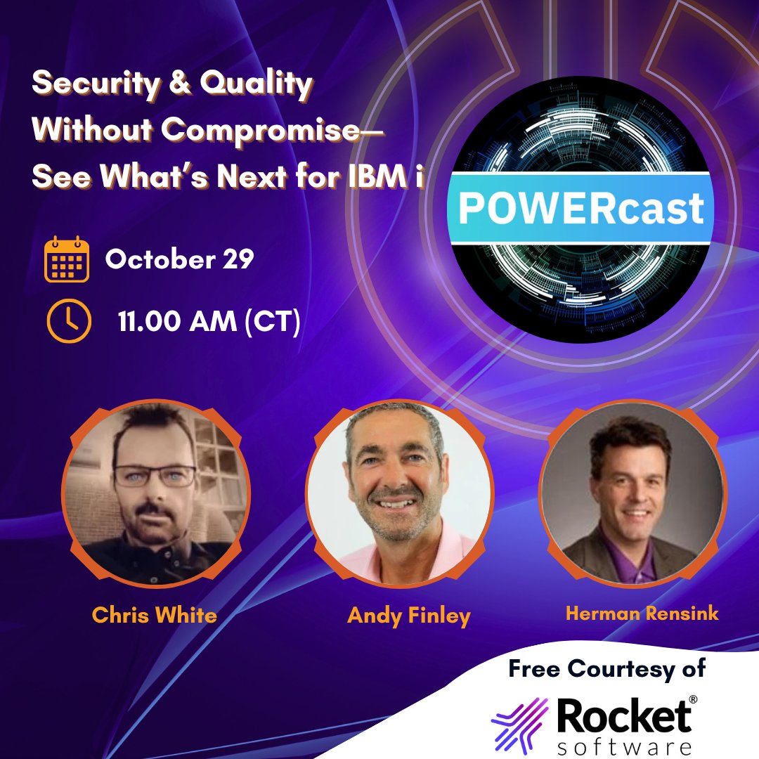 COMMONug's tweet image. The next Free POWERcast is coming your way TOMORROW. Join Rocket for: Security &amp;amp; Quality Without Compromise - See What&apos;s Next for IBM i.

🔗Register Here: hubs.li/Q03PcMFG0