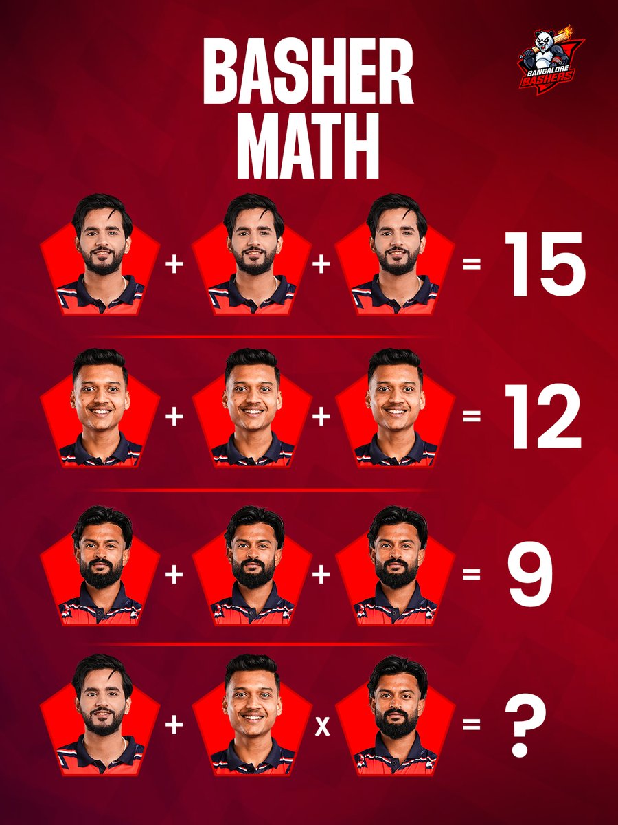 blrbashersECL's tweet image. 🧠 BASHER MATH TIME!
Can you crack the equation? 👀
Drop your answer in the comments! ⬇️
No calculators… only Basher IQ 😎✨
#BangaloreBashers #ECLT10 #Cricket #PandaGang #Season3 | @eclt10
(Bangalore Bashers, ECL, Cricket, Basher Nation, Matchday Vibes, Team Spirit)