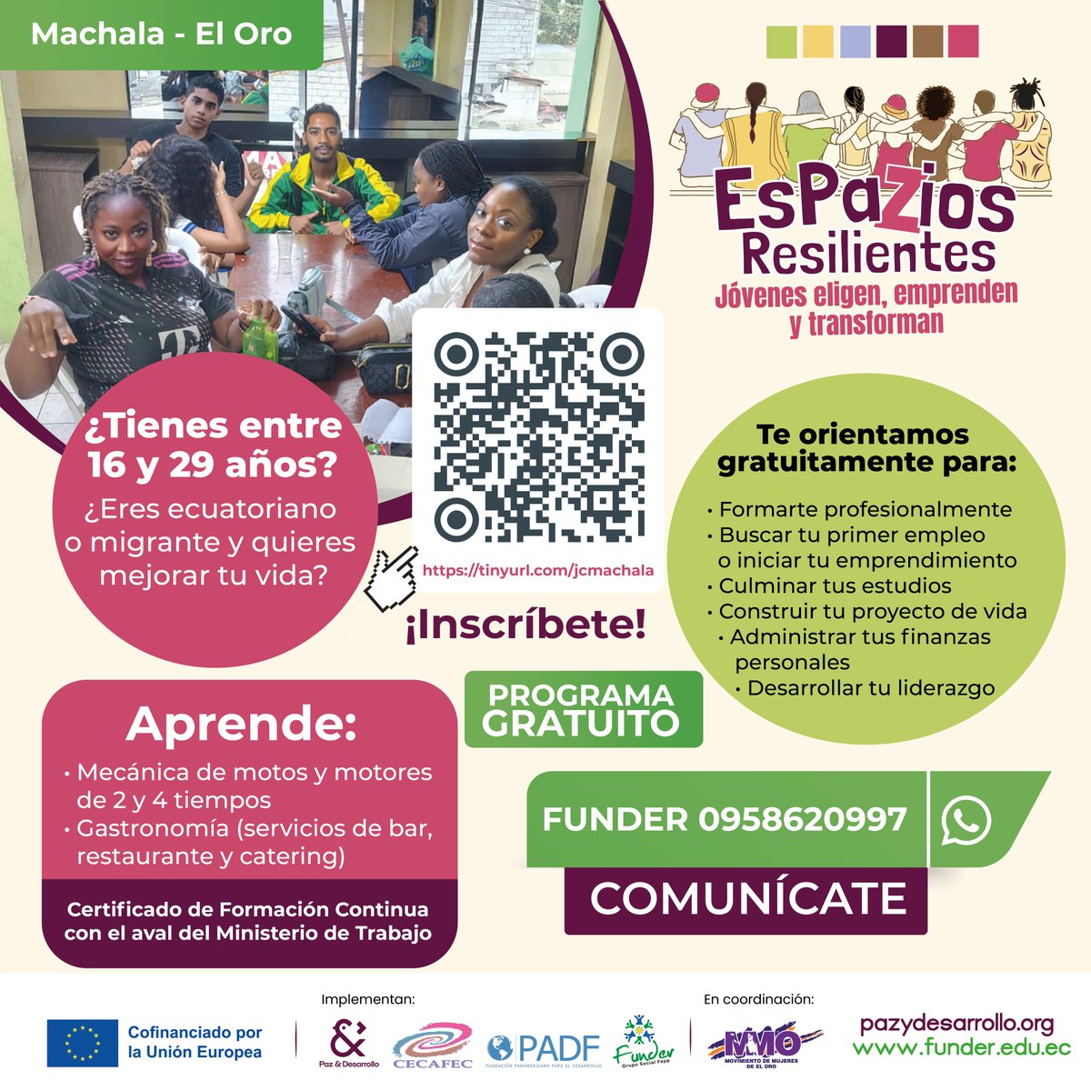 FunderGsfepp's tweet image. 🧑‍🦰👩 ¡Jóvenes de #Machala, #ElOro!
Construyamos juntos un mejor mañana con #EsPaZiosResilientes 🌱
📚 Aprende:
🔧 Mecánica de motos
🍳 Gastronomía (bar, restaurante, catering)
🎓 Certificado avalado por @MinTrabajoEc
👉 Inscríbete: tinyurl.com/jcmachala