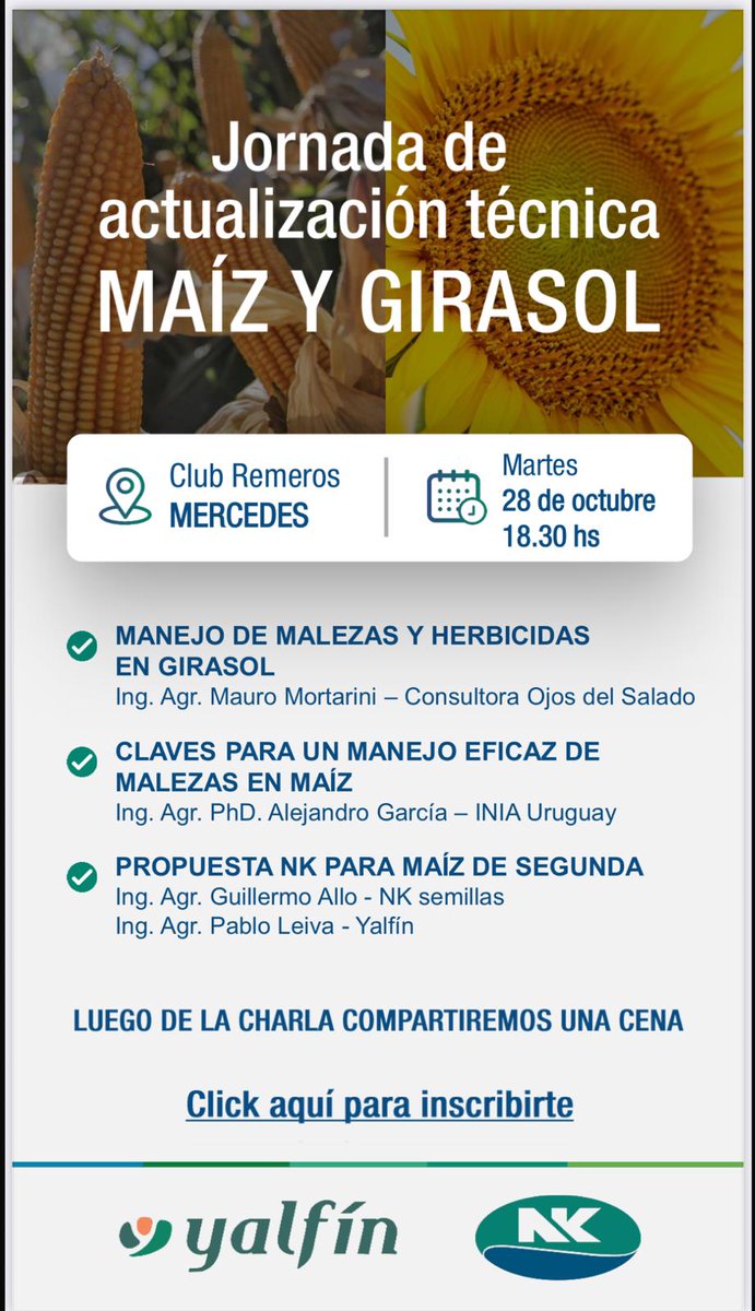 HOY!!! Jornada técnica en Mercedes sobre manejo de malezas y propuestas para maíz y girasol de segunda, organizada por <a href="/YalfinSA/">Yalfin</a> y <a href="/NKSemillas/">NK Semillas</a> 
Inscribite en: bit.ly/4qqyEn3