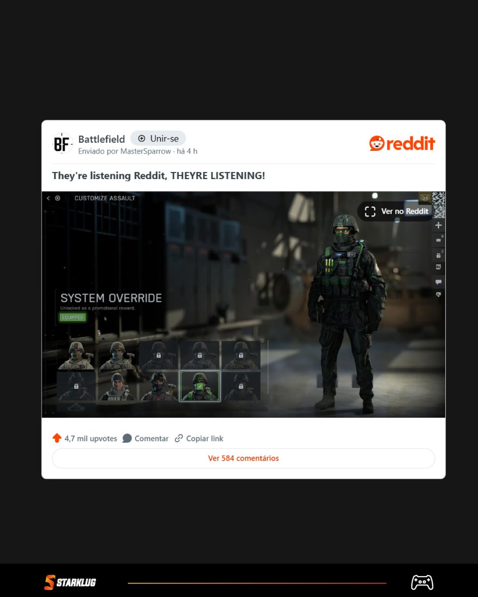 Após críticas da comunidade, a DICE decidiu ajustar as cores da skin System Override em Battlefield 6, que fazia parte da Temporada 1.

Os jogadores reclamaram que o visual era irrealista e até compararam o design a uma colaboração com a Monster Energy, feita em parceria com o