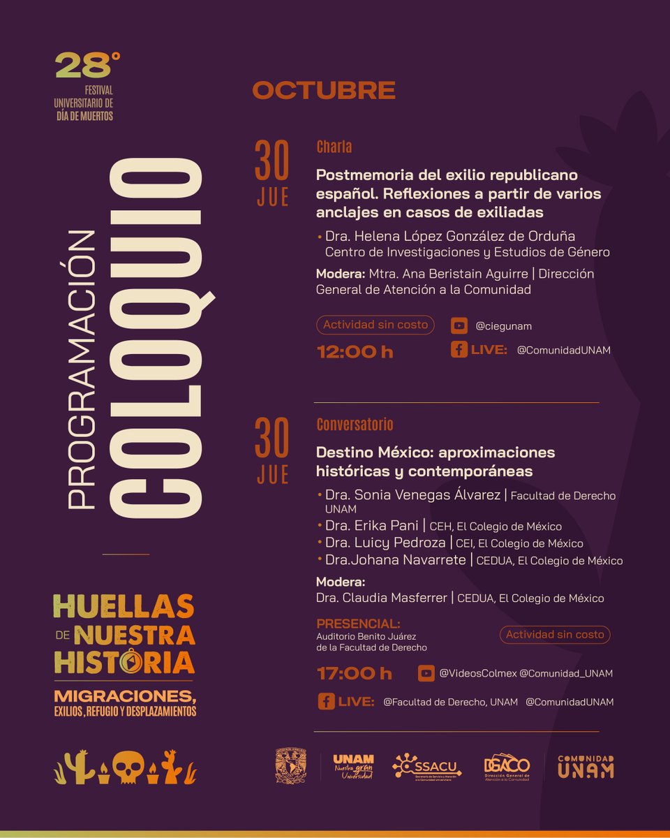 En el marco del XXVIII Festival Universitario de Día de Muertos de la <a href="/UNAM_MX/">UNAM</a>, invitamos cordialmente al conversatorio del coloquio académico “Huellas de nuestra historia: Migraciones, exilios, refugio y desplazamiento”, organizado por el <a href="/SeminarioMigdep/">MIGDEP</a>: 
Destino México: