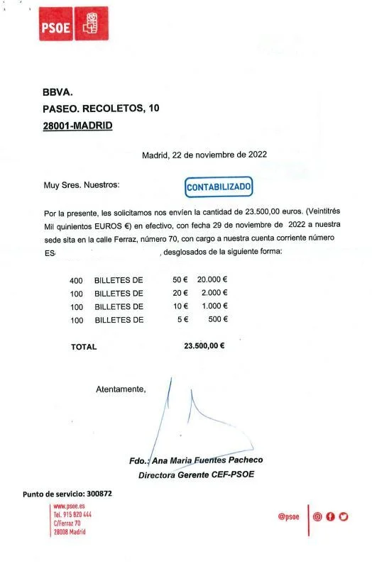 Para poneros en contexto, había semanas que en el PSOE pedían al banco que les mandara en efectivo 23500€, repartidos en 700 billetes.

 ¿Cuál es el sentido de esto? Ninguno. Si pagas a una semana ¿por qué no hacerlo mediante transferencia, que es mucho más rápido, eficaz y