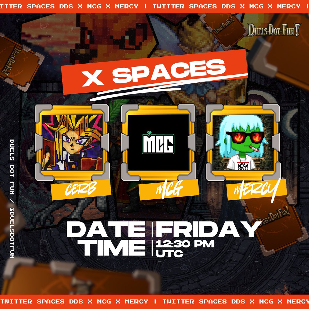 DuelsDotFun's tweet image. 🎙 Catch @cerbcrypto on the Micro Cap Gem Show (MCG), Friday at 12:30 PM UTC.

Talking:
⚔️ Duels Genesis Mint
🎮 Gaming Capital Markets

Watch live on X from @microcapgemshow.