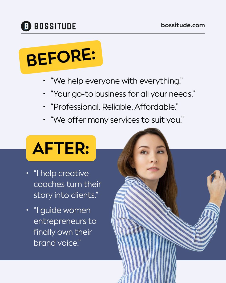 Your brand message is doing one of two things:
✅ Making people instantly get what you do and why it matters
❌ Or blending in with every other business

Your audience won’t remember your fancy tagline — but they’ll remember how you made them feel.

bossitude.com