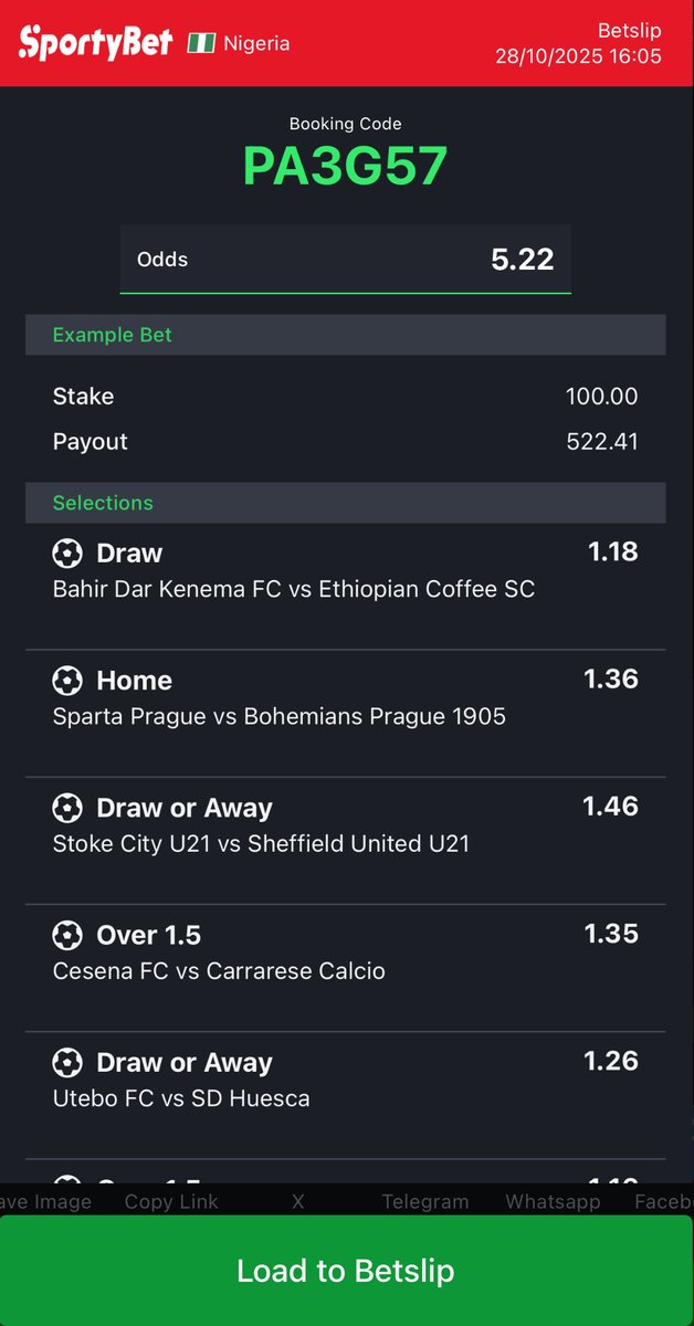 SportyBet code: PA3G57
5+ odds 😎

REPOST TO WIN 🔥🔥