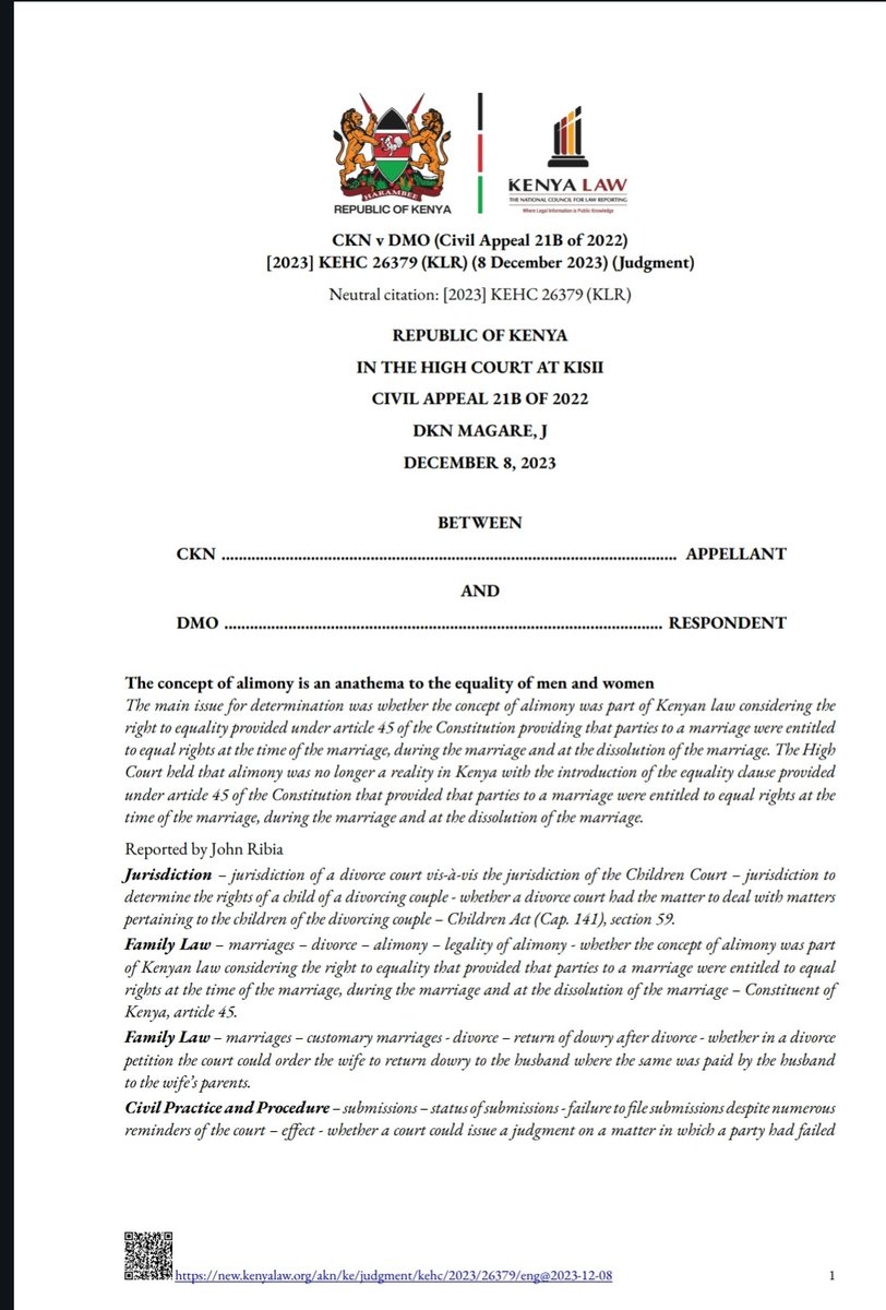 Thuranira_1's tweet image. Wives must return dowry after divorce! In a bold Judgment, the High Court in CKN v DMO (2023) has held that dowry symbolizes a customary union and must be returned upon divorce even if it was paid to the woman’s parents.The wife can later claim it from her parents if she so…