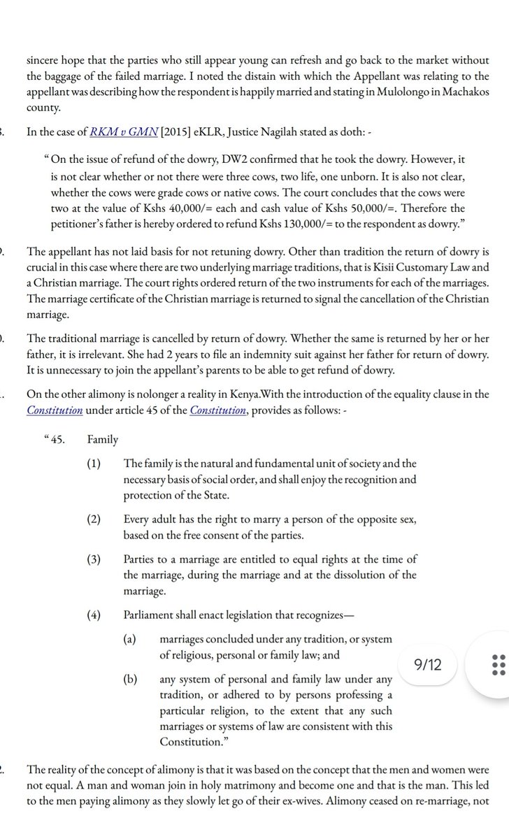 Thuranira_1's tweet image. Wives must return dowry after divorce! In a bold Judgment, the High Court in CKN v DMO (2023) has held that dowry symbolizes a customary union and must be returned upon divorce even if it was paid to the woman’s parents.The wife can later claim it from her parents if she so…