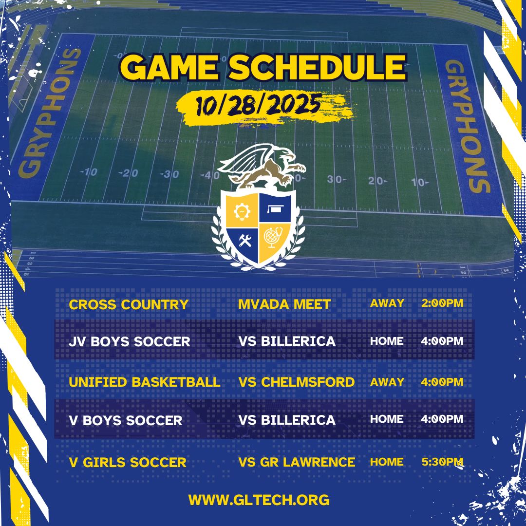 GrLowellTech_HS's tweet image. Game Day, Gryphons! 🦅 

5 events today: Cross Country @ MVADA Meet 2pm, Junior Varsity &amp;amp; Varsity Boys Soccer vs Billerica 4pm (HOME), Unified Basketball @ Chelmsford 4pm, Varsity Girls Soccer vs GR Lawrence 5:30pm (HOME) 💙💛 #GLTHS #GLTECH #CTE #GryphonPride