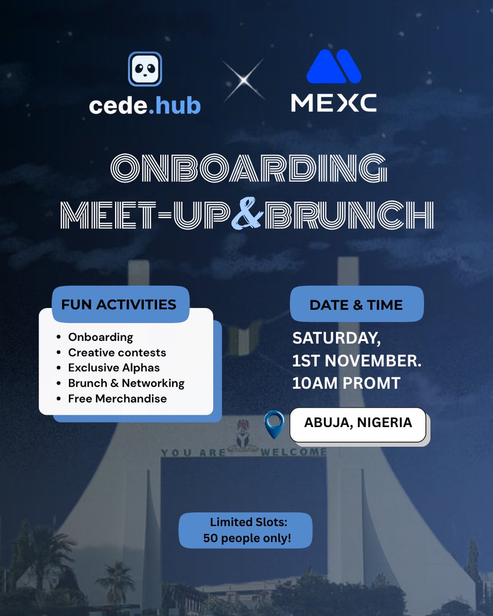 ⚪️ BIG NEWS FOR OUR NIGERIAN COMMUNITY! 

<a href="/MEXC_Official/">MEXC</a> is co-hosting the Cede Hub IRL event in Abuja! 

As the Cede Hub community already knows, we have an official partnership with MEXC! 🐼

There are only 50 spots available for the event! Want an opportunity to connect with