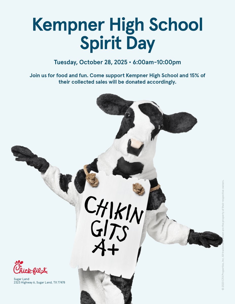 Join us at Chick fil A today at the Sugar Land location today!- in the APP, drive thru or in the restaurant just indicate KHS