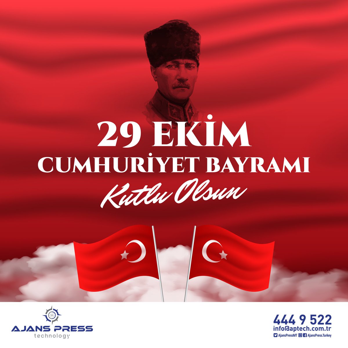 102 yıldır aynı inançla…
Özgürlüğün, eşitliğin ve çağdaşlığın adı: Cumhuriyet.

29 Ekim Cumhuriyet Bayramımız Kutlu Olsun  🇹🇷
#29Ekim #CumhuriyetBayramı #AjansPress
