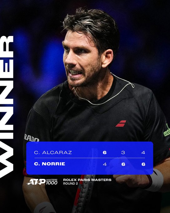 Cameron Norrie stands on an indoor tennis court wearing a black athletic shirt and shorts with green accents, smiling confidently with a tennis racket in hand. The background features a blue court surface and seating area. Text overlays include WINNER CAM NORRIE in white, CARLOS ALCARAZ in blue with scores 6 3 4 over 4 6 6, and ATP 1000 ROLEX PARIS MASTERS branding.