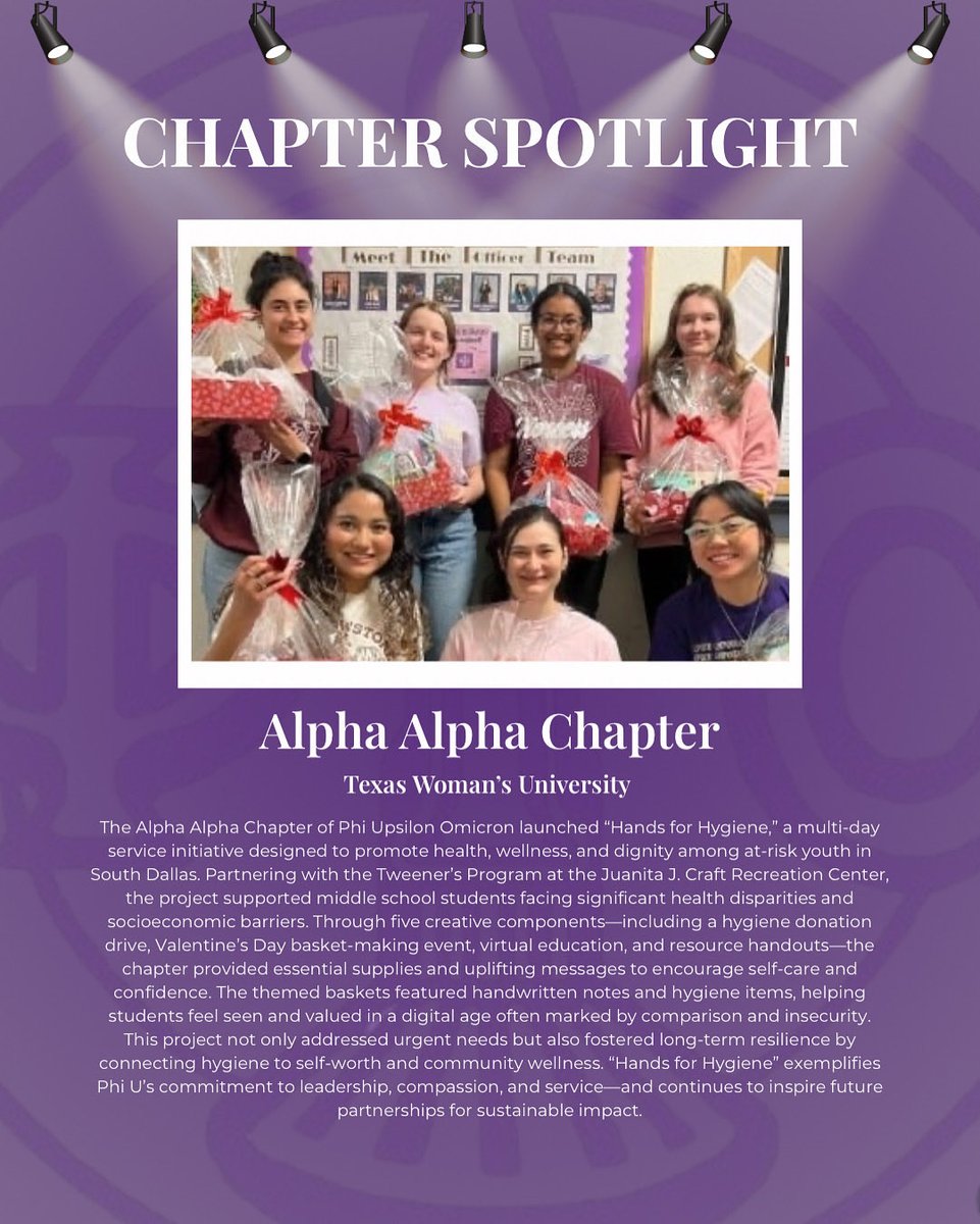 Chapter Spotlight: Alpha Alpha Chapter✨

The Texas Woman’s University Alpha Alpha Chapter is helping promote health and confidence through their "Hands for Hygiene" initiative. Thank you for your dedication to Phi U and service to the community!
