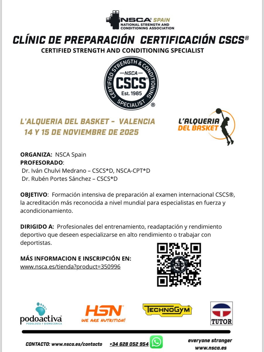 Próximo curso PRESENCIAL en VALENCIA para preparar el examen internacional CSCS de la <a href="/NSCAes/">NSCA.es</a> 

Es hora de prepararte con los mejores en l’alquería del Basket y propulsar tu carrera profesional.

Nos vemos el 14 y 15 de Noviembre, os esperamos!!