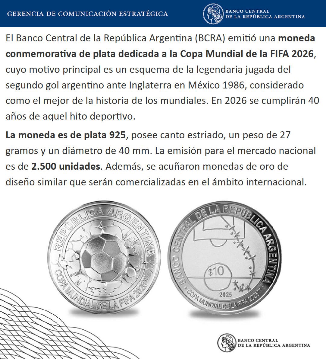 "Diego Armando Maradona":
Por comentarios sobre la moneda conmemorativa que anunció el Banco Central