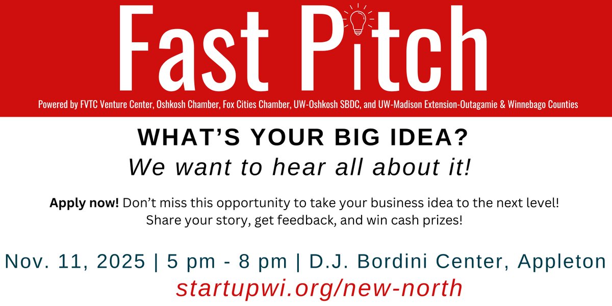FVTCBIS's tweet image. Have an idea that could make a difference? 
There&apos;s still time to apply for Fast Pitch—but the deadline is this Friday, October 31! Learn more &amp;amp; apply today: startupwi.org/new-north
#FastPitch #Entrepreneurship #StartupWisconsin #SmallBusiness #FVTCBIS #PitchCompetition #NewNorth
