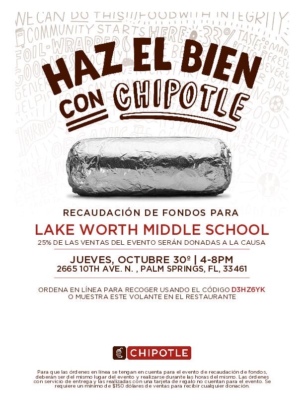 LWMSWarriors's tweet photo. Make dinner count! ๐ฏ Join us for our Chipotle Fundraiser for Lake Worth Middle School THIS Thursday, Oct. 30th, from 4โ8 PM at 2665 10th Ave. N., Palm Springs. Order in person or online with code D3HZ6YK โ 25% of sales go back to support our school! โค๏ธ #DoGoodWithChipotle #LakeWorthMiddle
@CaelethiaTaylor @AP_Makowski @LaquandraGolf @BEVillalobos79 @ExpatEducatorTJ
