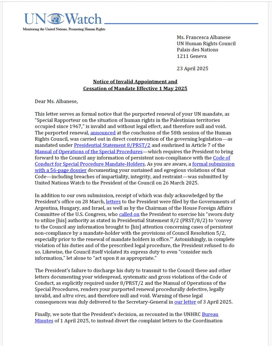 HillelNeuer's tweet image. On April 23, we served Francesca Albanese with notice that her immunity ended, and that she could now be sued, sanctioned, and prosecuted. On July 9, she got sanctioned. On September 8, she got sued. On Saturday, she got served.

Our legal notice to Albanese: “Your mandate shall…