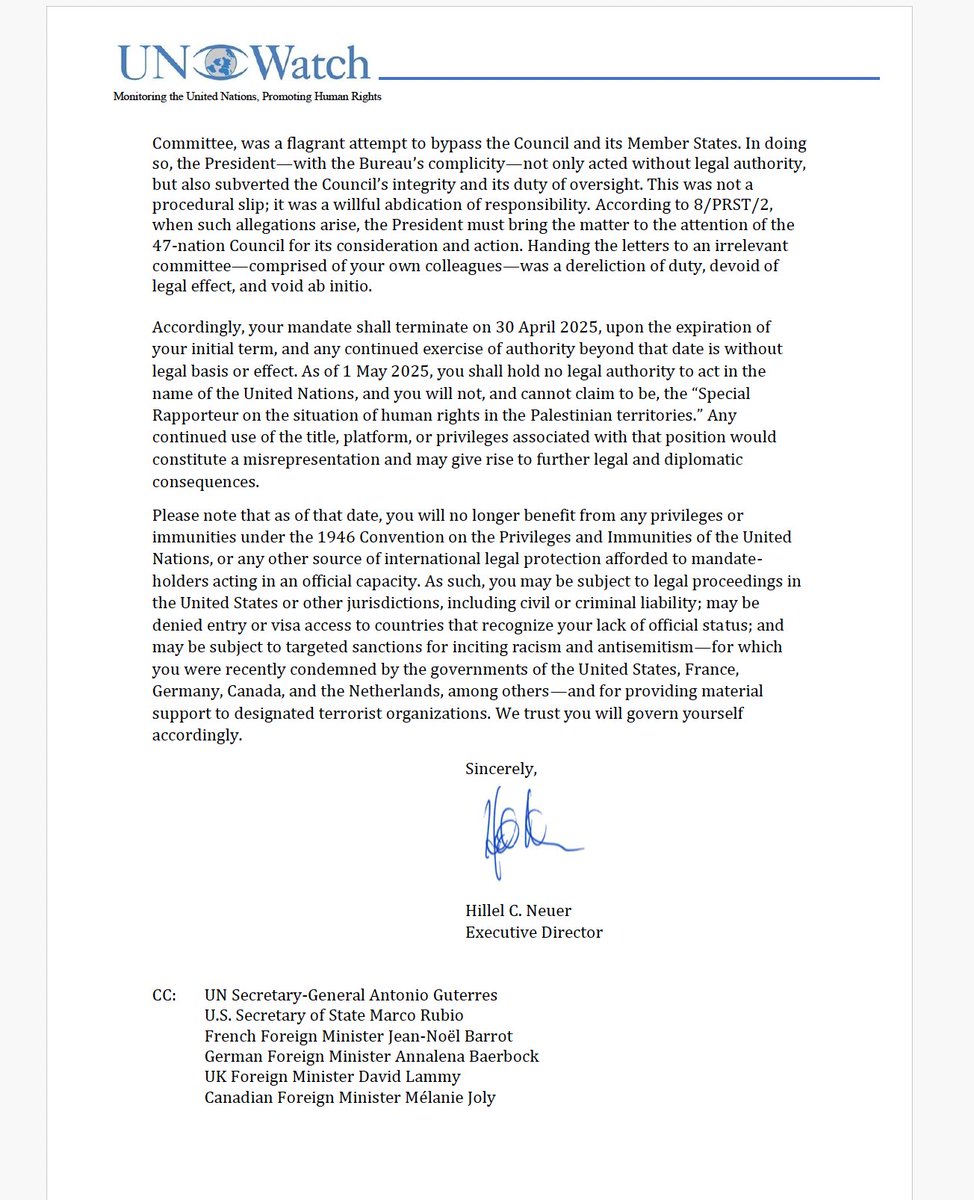 HillelNeuer's tweet image. On April 23, we served Francesca Albanese with notice that her immunity ended, and that she could now be sued, sanctioned, and prosecuted. On July 9, she got sanctioned. On September 8, she got sued. On Saturday, she got served.

Our legal notice to Albanese: “Your mandate shall…