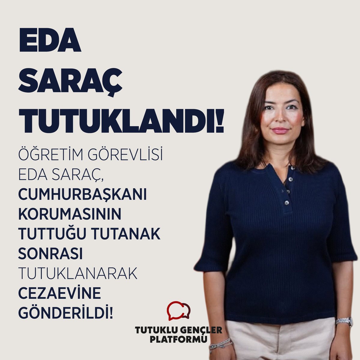 Bu duyuruyu yapmakta çok zorlanıyoruz.

Hem CHP’nin hem de Tutuklu Gençler Platformu’nun emekçisi, öğretim görevlisi, neşemiz, canımız Eda Saraç, tiyatro izlemeye giderken Cumhurbaşkanı koruma polisleriyle yaşadığı tartışma sonrası yine kadın bir koruma polisi tarafından darp