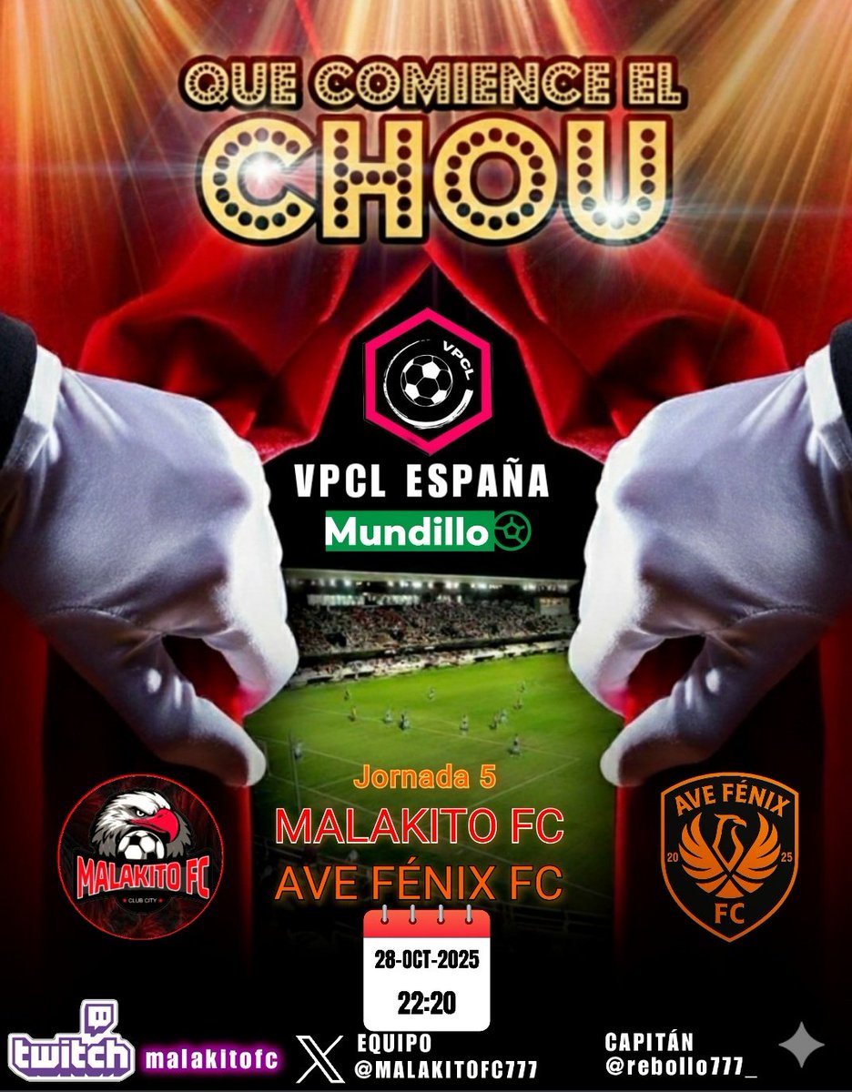 Tras el parón de ayer, se reinicia competición en la liga <a href="/VPCL_Spain/">VPCL España</a> <a href="/mundillo_futbol/">Mundillo Futbol</a> ante un buen equipo como <a href="/AVEFENIXEAFC/">AVE FENIX EAFC</a>  a las 22:20 horas. <a href="/EASPORTSFC/">EA SPORTS FC</a> #clubespro #11vs11 #FC26. ⚽🎮⚽. ¡¡¡¡VAMOS EQUIPO!!!!