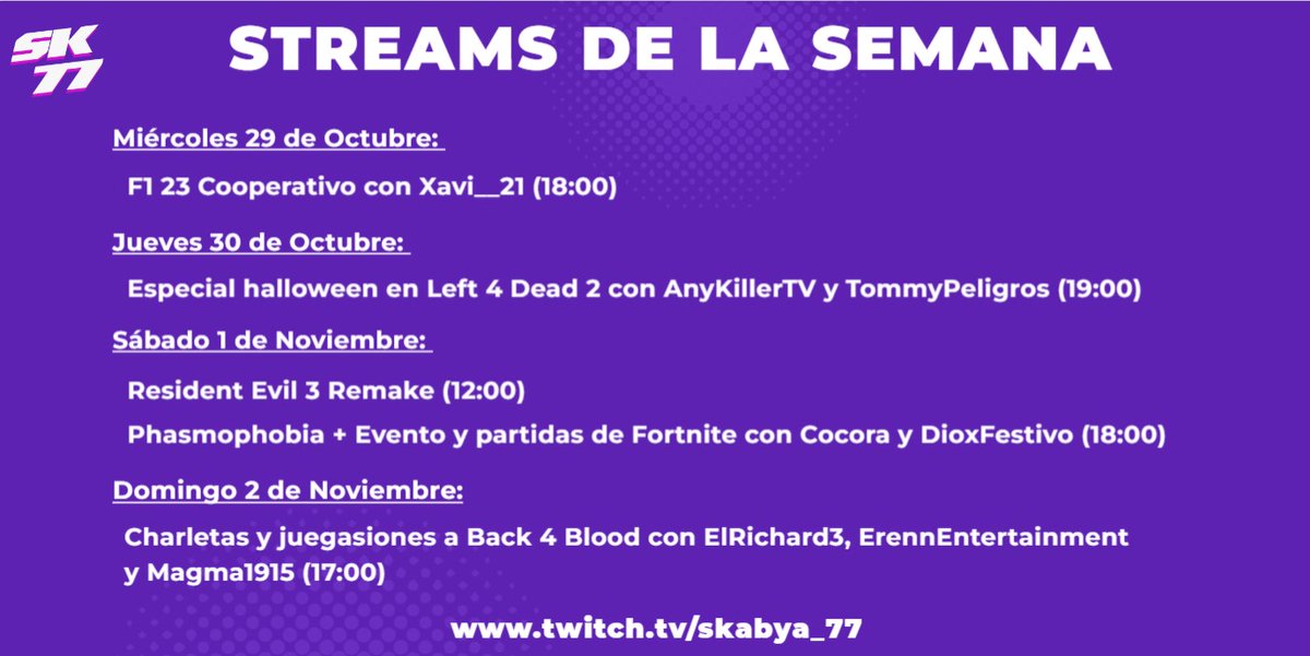 ✨ ¡Chiquitines! ¡Aquí están los directos de esta semana! 🥰

🟪 Especial #Left4Dead2 con <a href="/AnyKiller/">AnyKiller</a> <a href="/tommypeligros/">Tommy Peligros</a> y SrKokoro
🟪 #Phasmophobia y #Fortnite con <a href="/Cocorella_2/">Spooky Cócora</a> y <a href="/DIOXfestivo/">He hecho 13 Bitsys. Bitsysfestivo</a> 
🟪 #Back4Blood con <a href="/ElRichard36/">ElRichard3</a> <a href="/ErennEnter/">Erenn Entertainment</a> y <a href="/magma1915/">Magma1915</a>
🟪 #F123 con <a href="/21_xavii/">xavii__21</a>