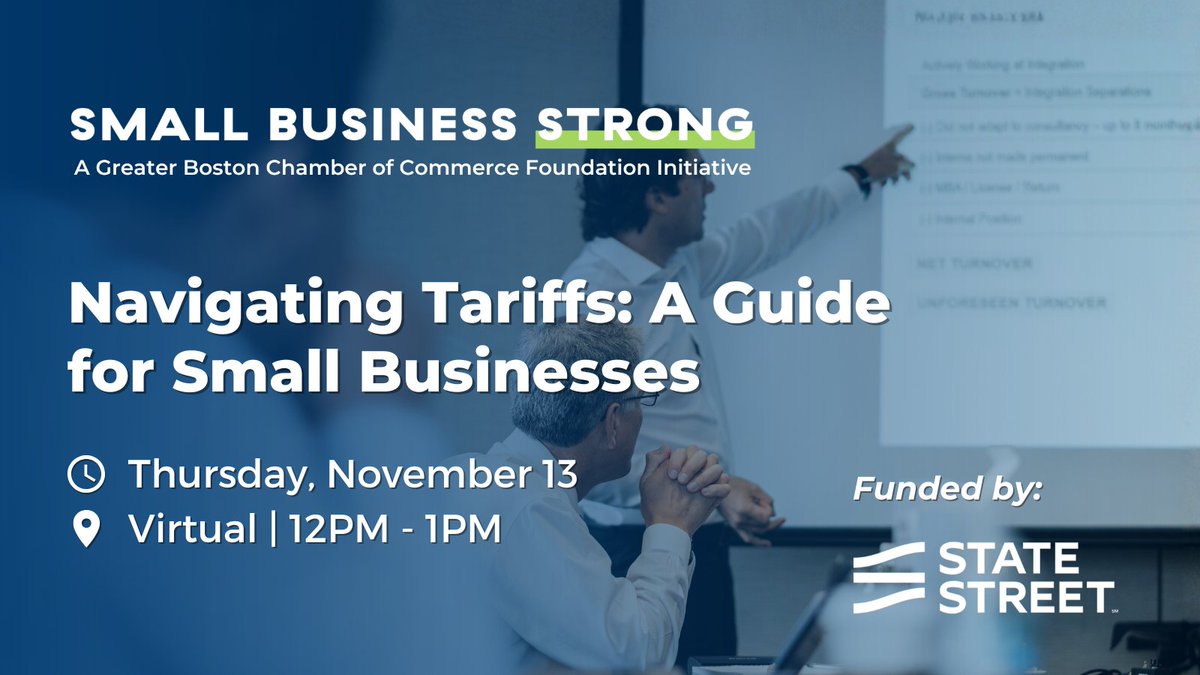 SmallBStrong's tweet image. Understanding tariff changes is essential for any small business. Our free virtual event on 11/13 will offer expert insights on U.S. tariff updates, how you can stay resilient and financial and operational strategies to manage risk.

👉 Register now: bostonchamber.com/events/navigat…