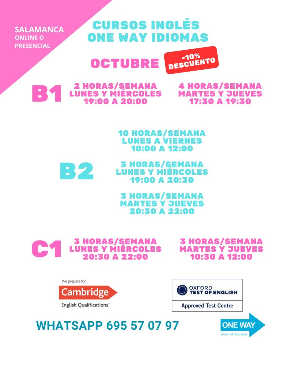 🇬🇧OFERTA Especial solo hasta el 31 de Octubre, apúntate a cualquiera de estos cursos de inglés en <a href="/onewayidiomas/">One Way Idiomas Salamanca</a>, en Salamanca, y obtén un 10% DE DESCUENTO!
Niveles B1, B2 o C1 🤓🇬🇧
💻 online o presencial
(cursos de un mes o más)

+info &amp; +eventos: conciertosensalamanca.com