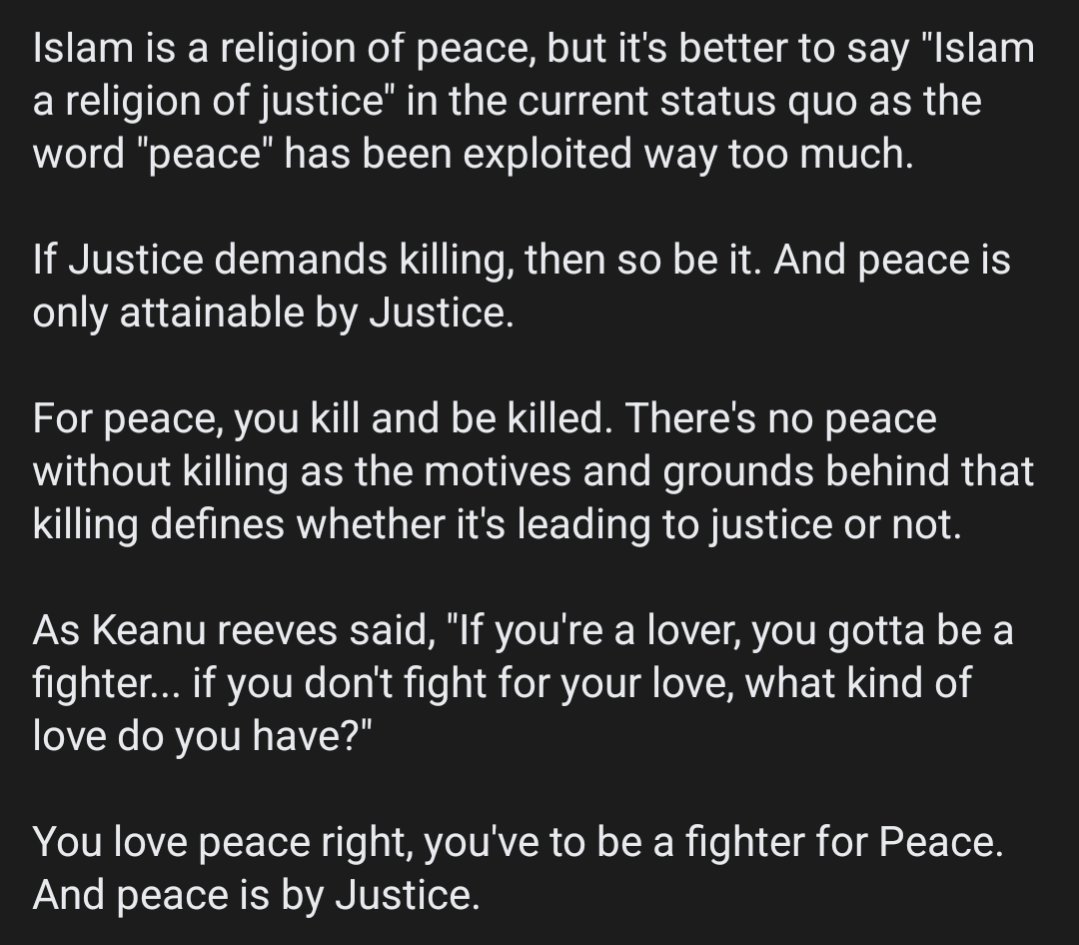 omairyus's tweet photo. (From my fb handle)
As Keanu reeves said, "If you're a lover, you gotta be a fighter... if you don't fight for your love, what kind of love do you have?"
You love peace right, you've to be a fighter for Peace &amp; peace is by Justice.

#Islam #peace #Palestine #Kashmir #PakistanArmy https://t.co/cG0j2Dl4uU