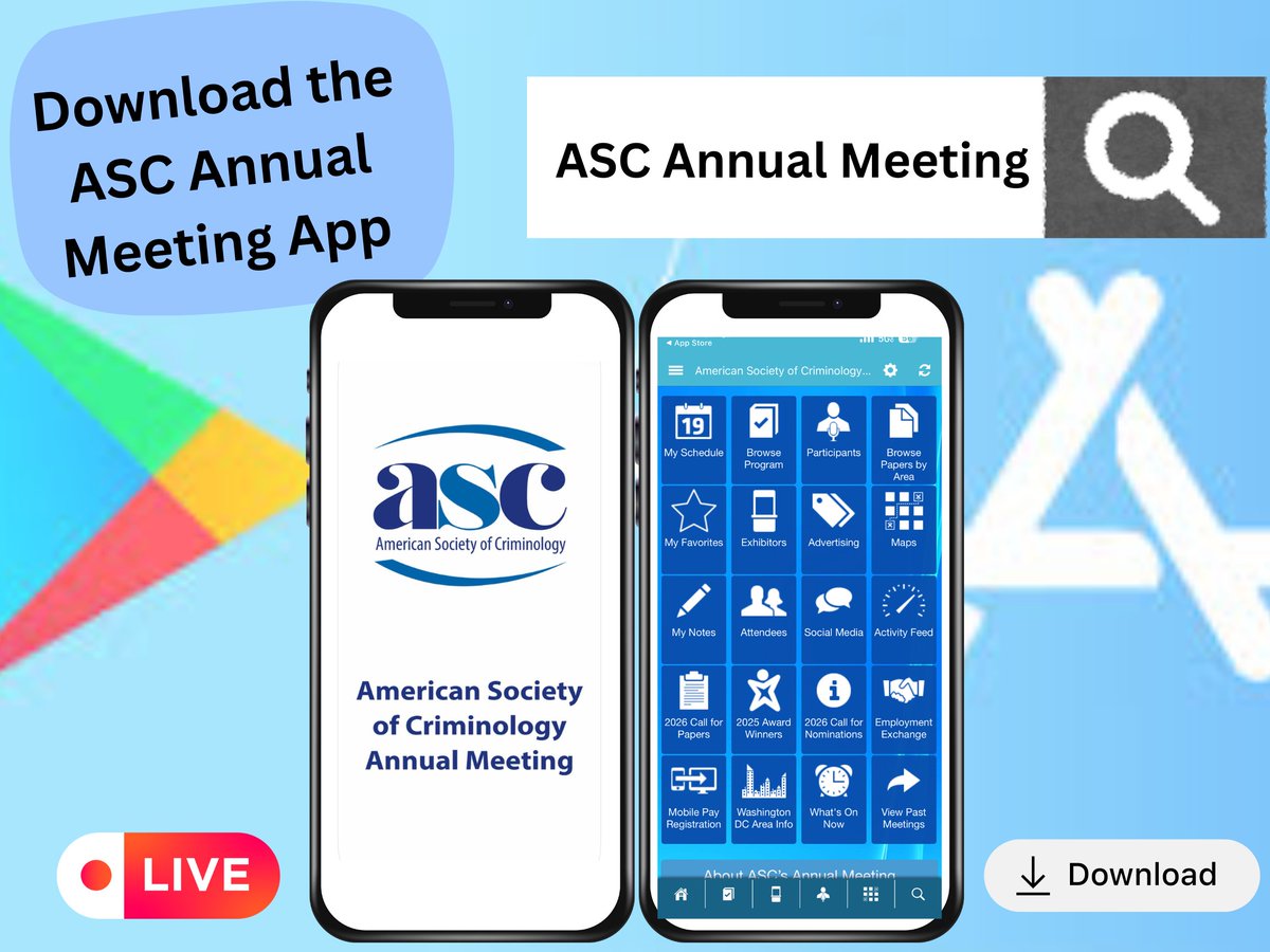 📢 The #ASCinDC25 #ASCriminology2025 Annual Meeting app is now live! Download it to explore sessions, create your personalized schedule, connect with presenters. Available on both iOS and Android — just search “ASC Annual Meeting” in your app store.
See you all in D.C. 🇺🇸 soon!