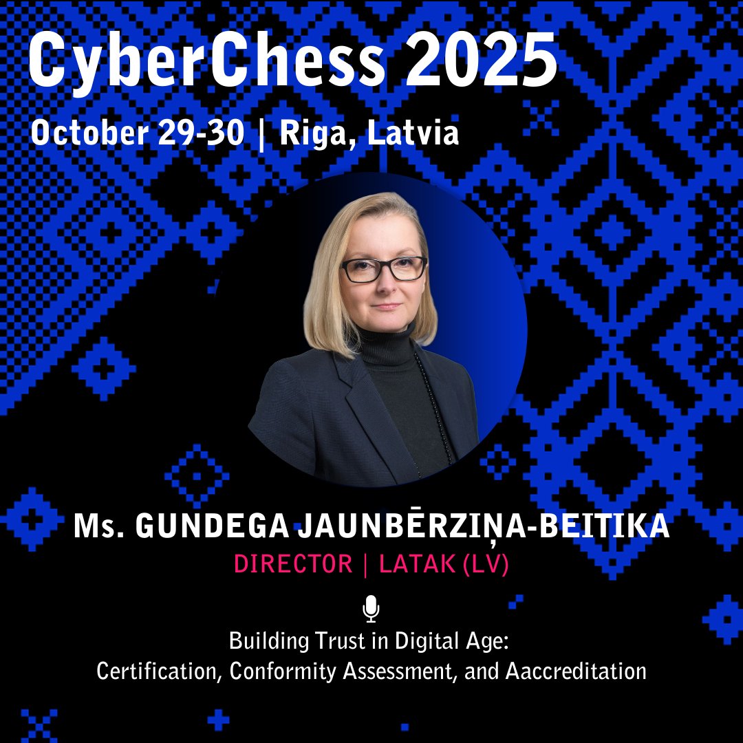 certlv's tweet image. #CyberChess2025 konferences 30.oktobra tematiskajā blokā “Eiropas Savienības ekspertu grupa” uz centrālās skatuves eksperti dalīsies pieredzē, kā ES kiberdrošības politika tiek īstenota praksē.  

Vairāk: cyberchess.lv
