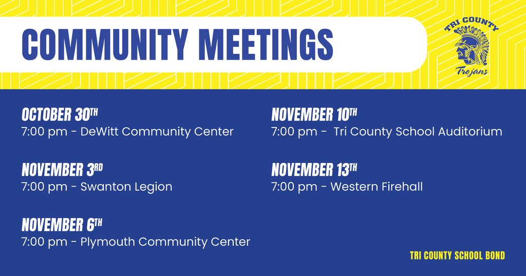 Have questions about the proposed Tri County facilities project? Join us at a community meeting to learn more.

Learn more at: tricountyschools.org/page/bond-info