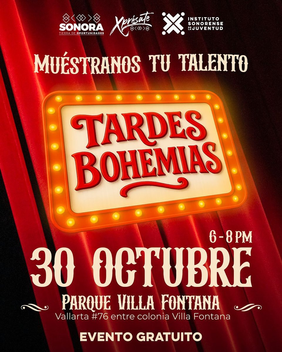 Esta es tu oportunidad de mostrar tu talento al público 🎤💃🏼

Ven a las Tardes Bohemias del Instituto Sonorense de la Juventud este 30 de octubre 

🕢 6-8 pm
📍parque Villa Fontona, Vallarta #76 entre colonia Villa Fontana 
🎟️ Evento gratuito