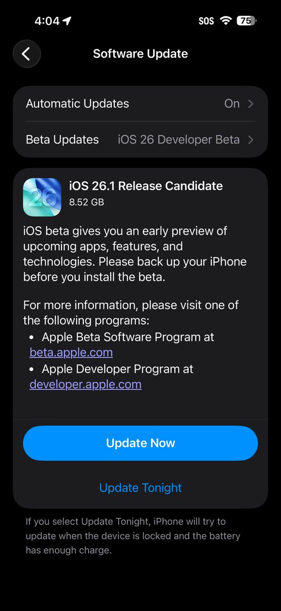 iOS 26.1 RC is out and available over the air now. Video later.