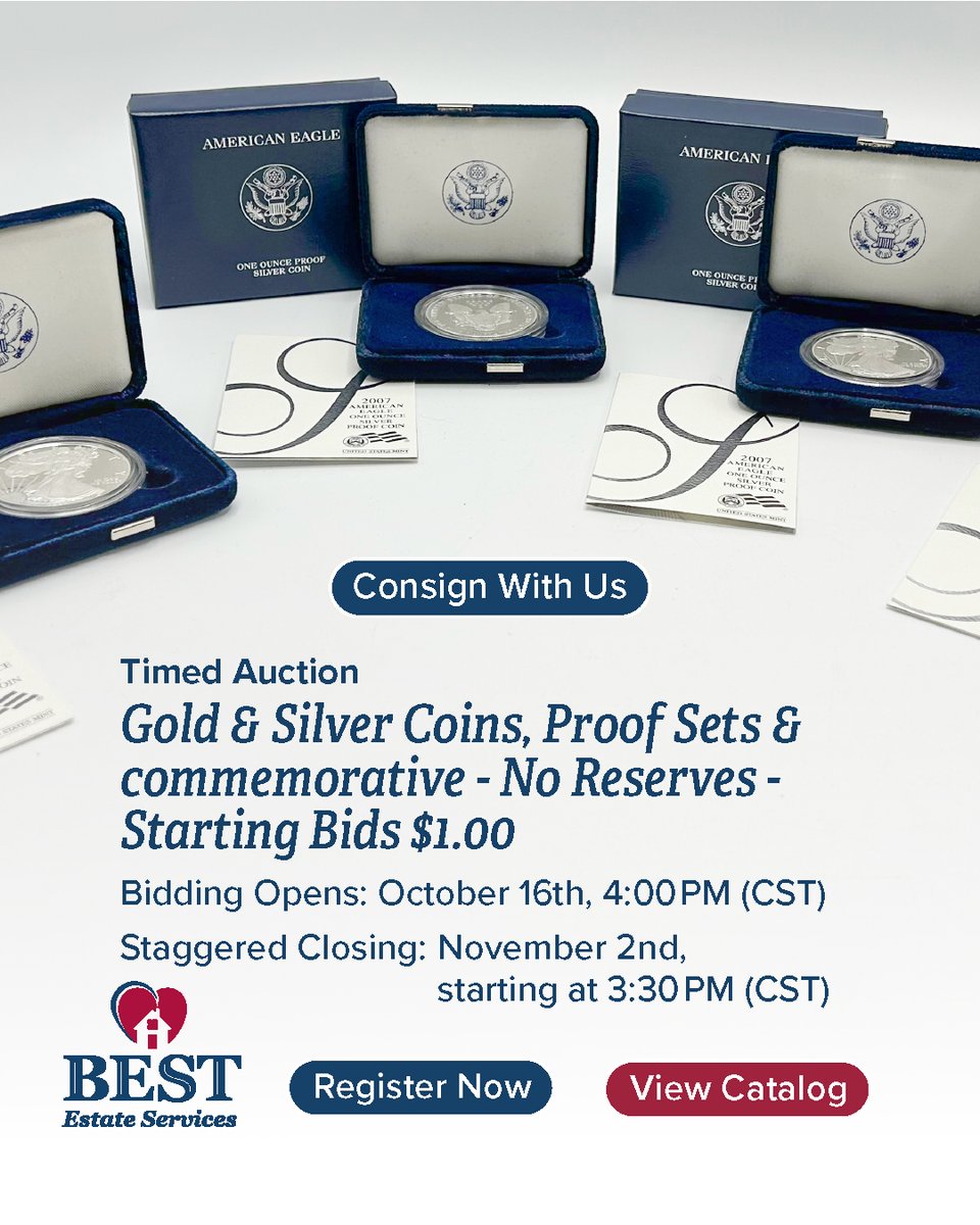 NGCcoin's tweet image. The following is a post from one of our partners:

Gold &amp;amp; Silver Coins, Proof Sets &amp;amp; Commemoratives
All Bids Start at $1.00 — No Reserves
🕓 Bidding Opens: October 16th, 4:00 PM (CST)
🕛 Staggered Closing: November 2nd, starting at 12:00 PM (CST)
#CoinAuction #RareCoins