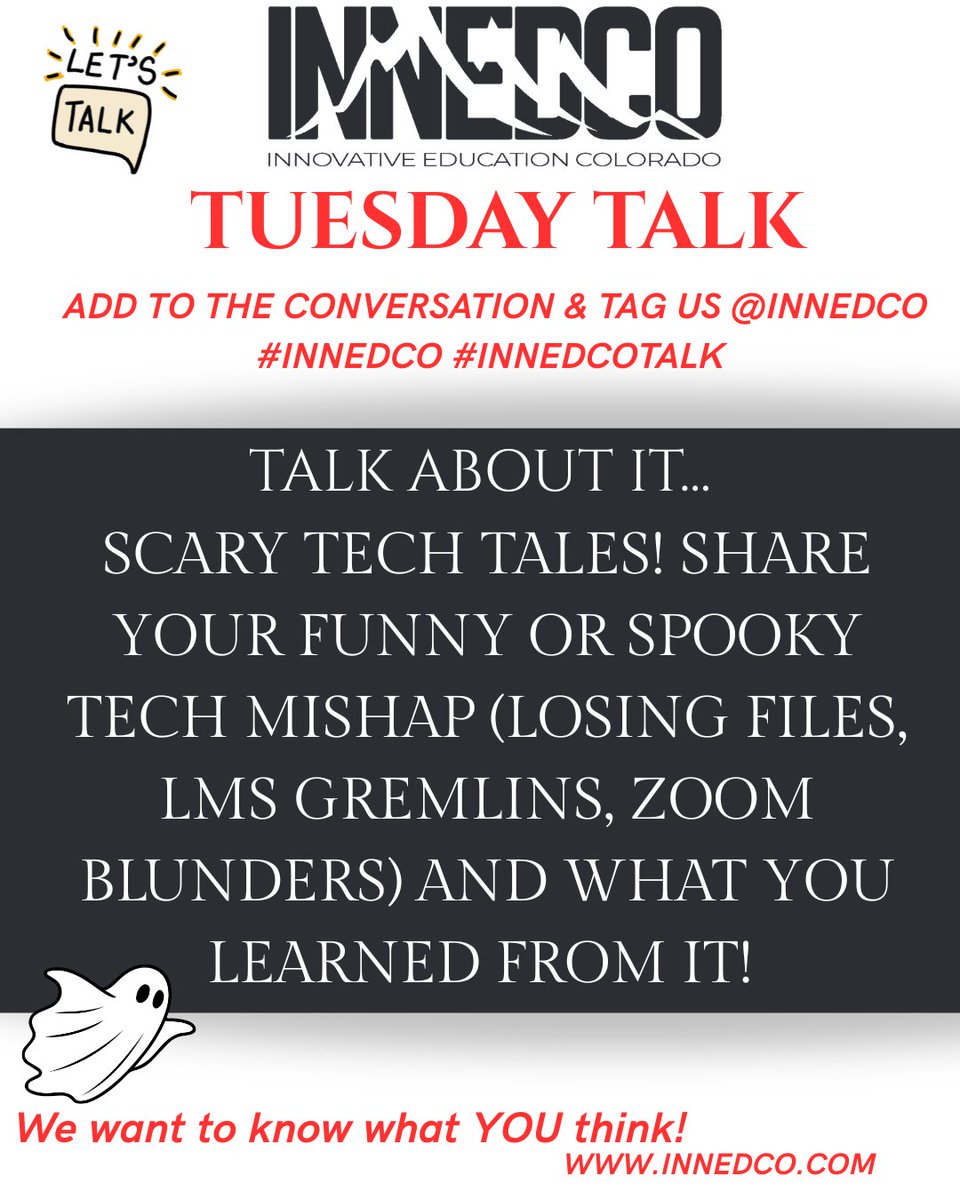👻 Tuesday Talk: Scary Tech Tales! 💻Share the tech fails, digital disasters, and haunting glitches that still give you goosebumps. 😱💀
#InnEdCo #TuesdayTalk #ScaryTechTales #EdTech #TeacherLife #SpookySeason #TechFails