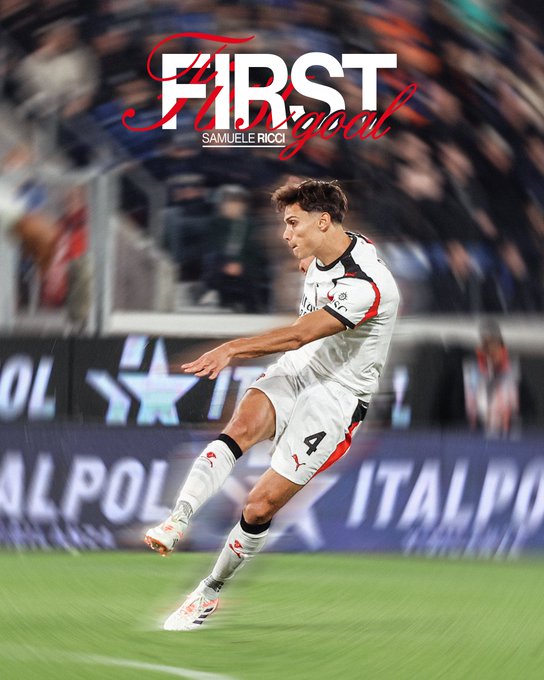 Samuel Chukwueze in AC Milan white away kit with red and black accents mid-action kicking a half-volley soccer ball on green field during match stadium crowd blurred in background goalpost visible text overlay First Goal Samuel Riccio in red stylized font.