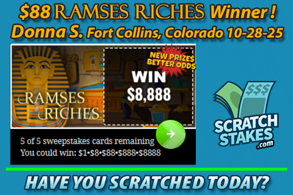 scratchstakes's tweet image. Congrats, Donna S. of Fort Collins, Colorado, on #winning $88 instant cash in Ramses Riches!👑

🤑Play 80 FREE #scratchoff #games, #win up to $25,000 and a $299,999.99 Cash Jackpot! 💸$100 Daily Cash #drawing!

🤔Have you scratched today?
👉 ow.ly/y85P50Xjc4q