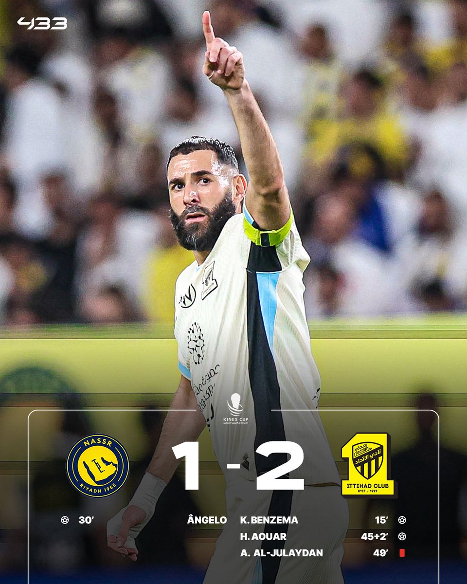 𝗕𝗘𝗡𝗭𝗘𝗠𝗔 𝗦𝗖𝗢𝗥𝗘𝗦 𝗔𝗦 𝗔𝗟 𝗜𝗧𝗧𝗜𝗛𝗔𝗗 𝗘𝗟𝗜𝗠𝗜𝗡𝗔𝗧𝗘 𝗔𝗟 𝗡𝗔𝗦𝗦𝗥 𝗙𝗥𝗢𝗠 𝗧𝗛𝗘 𝗞𝗜𝗡𝗚 𝗖𝗨𝗣 😮

It was another meeting between friends Cristiano and Benzema, who captained their respective sides ©️🤝

Aouar ended up as the matchwinner for Al Ittihad 👑