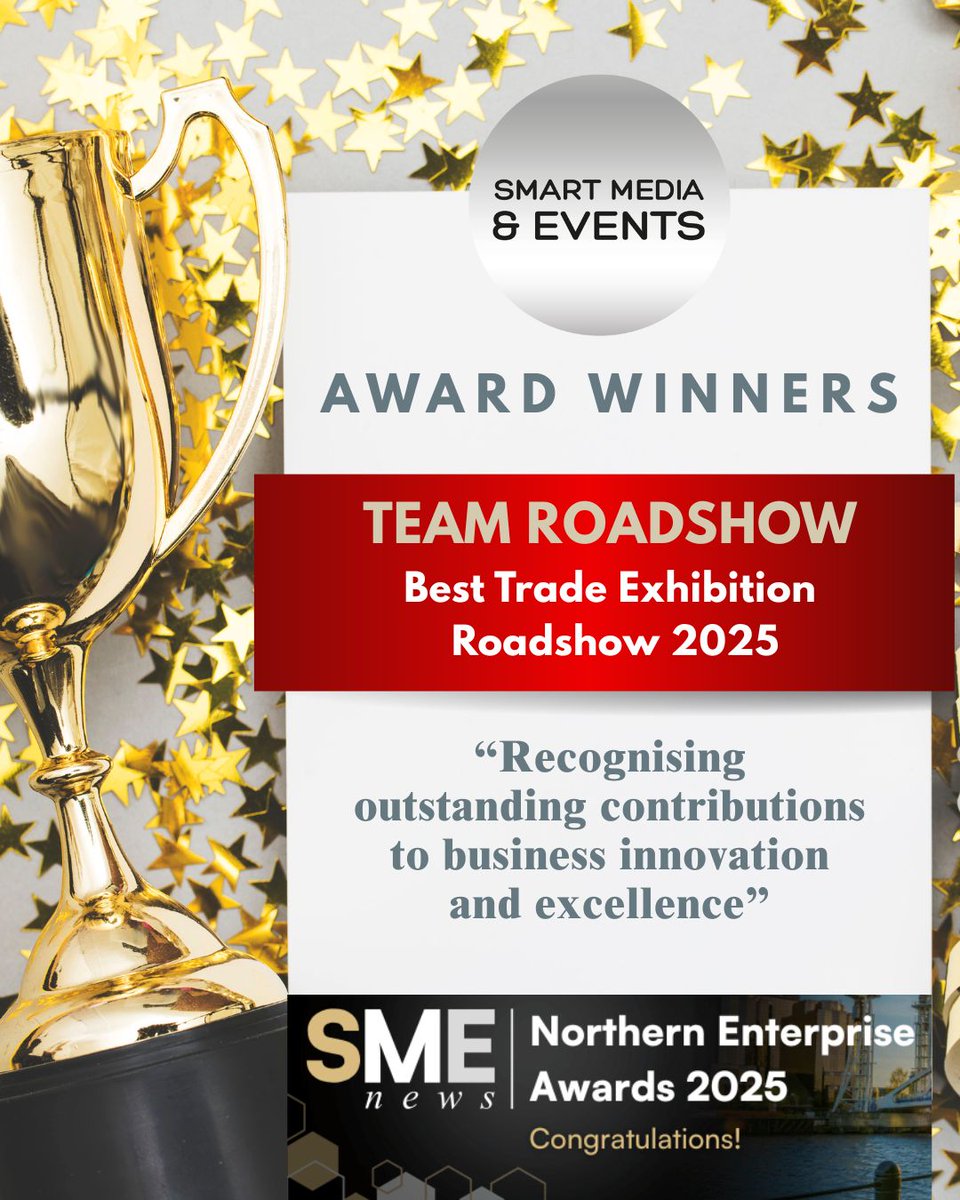 We’re thrilled to have been named Best SME Trade Exhibition Roadshow 2025 in the Northern Enterprise Awards by SME News.

For full details, visit teamroadshows.com
or email TEAM@smartmediaevents.com
 
#Trophies #engraving #awards #medals