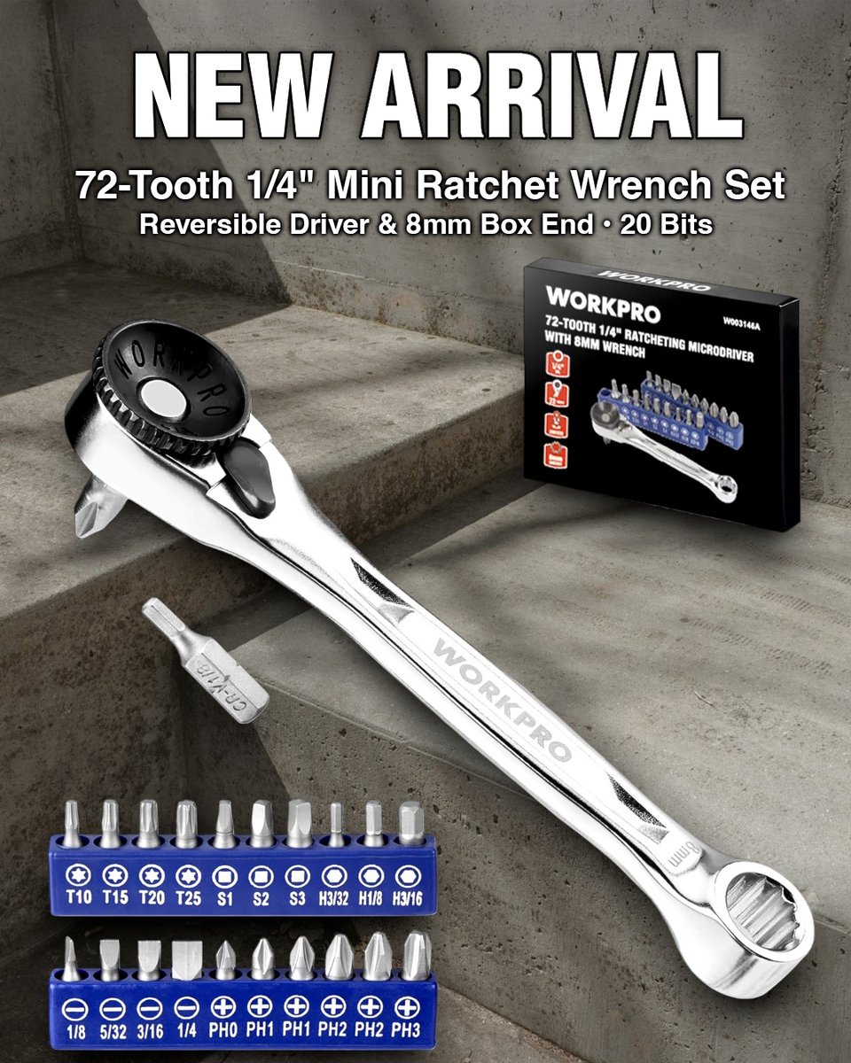 workpro_tools's tweet image. #NewToolTuesday🌟 Bits for every battle! Gift-ready for DIY pros, tackle home fixes, garage projects, assemblies & more! 🎁 #ratchetwrench
🛒 Get yours now! Only $11.69 w/coupon 👉 rebrand.ly/72TMiniRatch 
#workprotools #ratchet #wrench #Mechanic #handtools #handyman