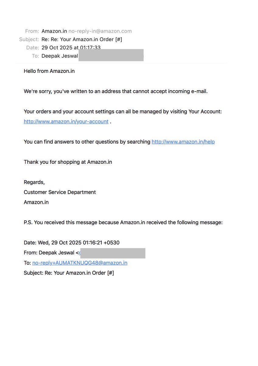 <a href="/amazonIN/">Amazon India</a> continues to surprise me. They send an email from a no-reply email id, asking me for a confirmation on return or replacement. 

But where am I supposed to answer this? Can the good souls of <a href="/AmazonHelp/">Amazon Help</a> tell me?? This mail doesn’t mention that at all. 

This, coming from